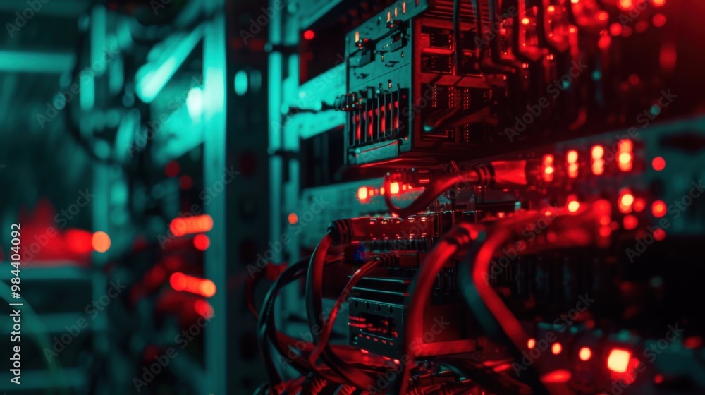 A server room in a data center is lit by red and blue lights A server room in a data center is lit by red and blue lights