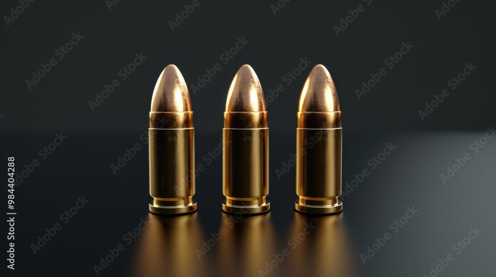 Three gold bullets arranged neatly in a straight row Three gold bullets arranged neatly in a straight row