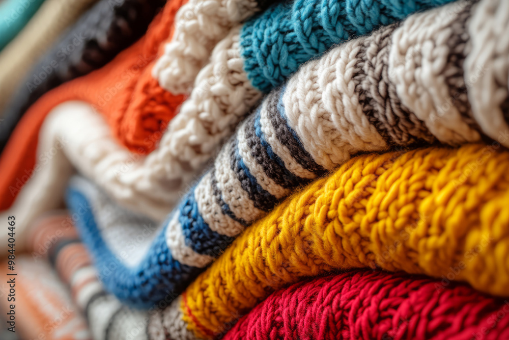 Fototapeta premium Folded wool sweaters with textured knitting patterns in various colors