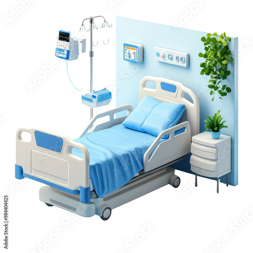 A clean hospital room featuring a comfortable bed, medical equipment, and a plant for a soothing environment., isolated on a transparent background.