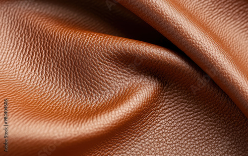 Close-up of brown leather texture with detailed grain and soft folds. Perfect for fashion, design, and material backgrounds.