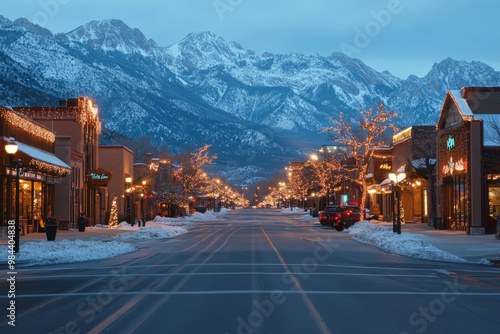 Mountain town street decorated for the holidays with sidewalks, festive lights, and mountains in the background