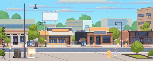 Downtown summer street with shops and cafes buildings. Vector public place flat illustration