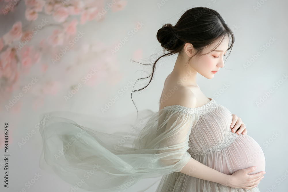 Pregnant asian woman wearing a flowing dress is touching her belly in a bright studio Pregnant asian woman wearing a flowing dress is touching her belly in a bright studio