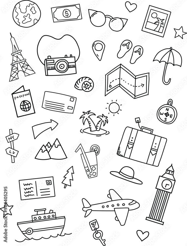 Set of hand drawn travel icons in minimalist style Set of hand drawn travel icons in minimalist style