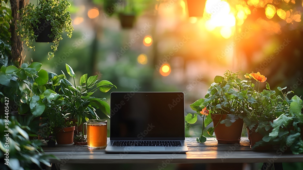 Outdoor office on a balcony with a laptop, plant decor, and cup of tea, peaceful home environment Outdoor office on a balcony with a laptop, plant decor, and cup of tea, peaceful home environment