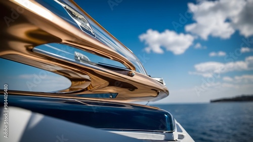 A very attractive and advanced ship. Personal yacht, attractive colors, blue sky, wide photo, professional photography 