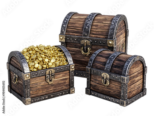 Three treasure chests filled with gold, frankincense, and myrrh, isolated on white background. PNG transparent.