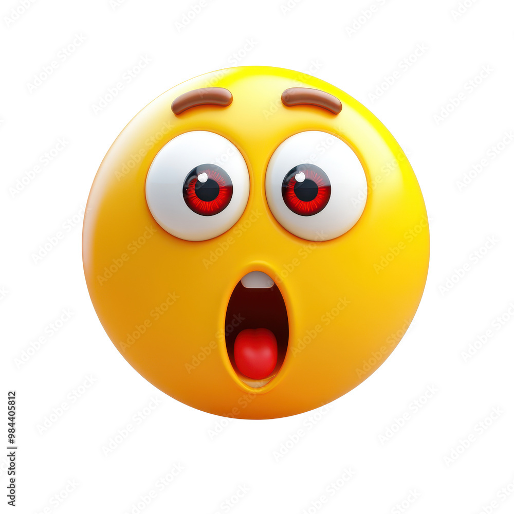 Fototapeta premium A surprised yellow emoji face with wide eyes and an open mouth, conveying shock or astonishment in a playful manner., isolated on a transparent background.