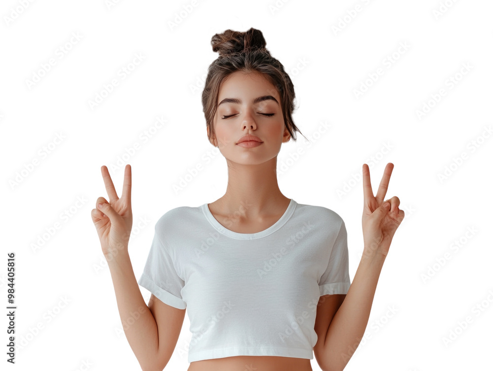 Woman meditating, eyes closed, making peace gesture, calm expression, isolated on white background. PNG transparent. Woman meditating, eyes closed, making peace gesture, calm expression, isolated on white background. PNG transparent.