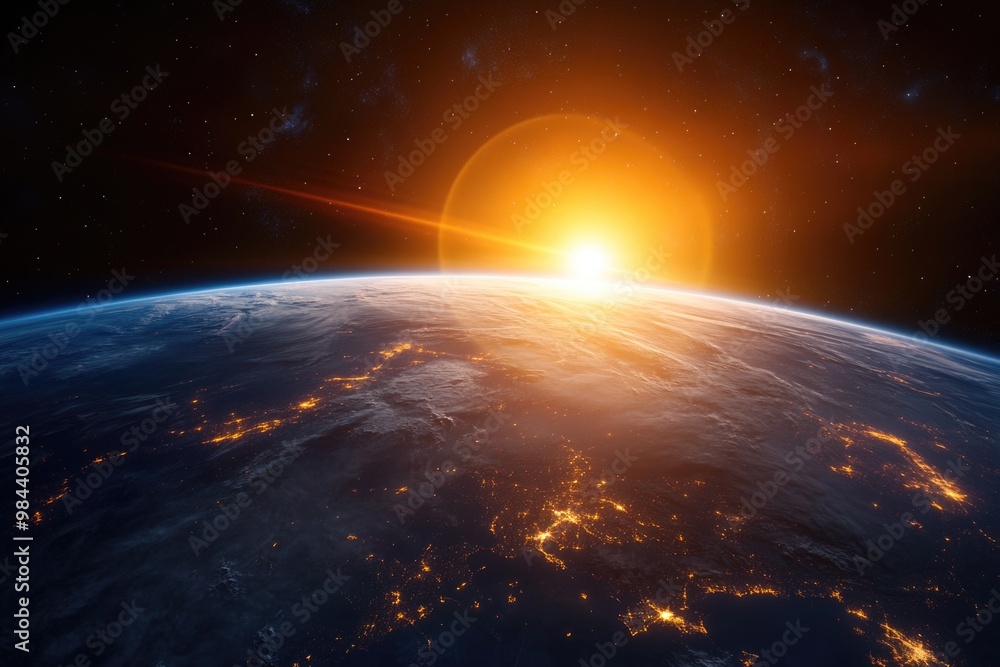 View of Earth from space is decorated with glowing city lights View of Earth from space is decorated with glowing city lights