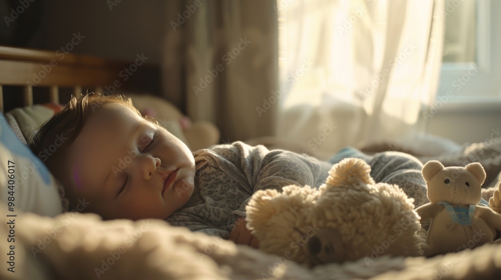 A peaceful baby sleeping soundly with teddy bears by the window in soft morning light. A serene moment of childhood bliss. A peaceful baby sleeping soundly with teddy bears by the window in soft morning light. A serene moment of childhood bliss.