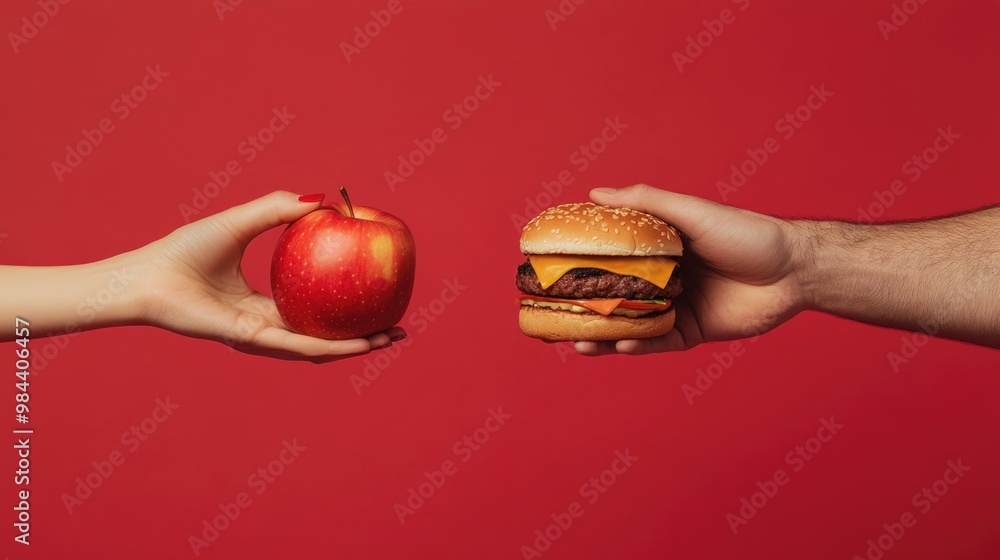 A woman's hand holding an apple and a man's hands holding a burger on an isolated red background. A woman's hand holding an apple and a man's hands holding a burger on an isolated red background.