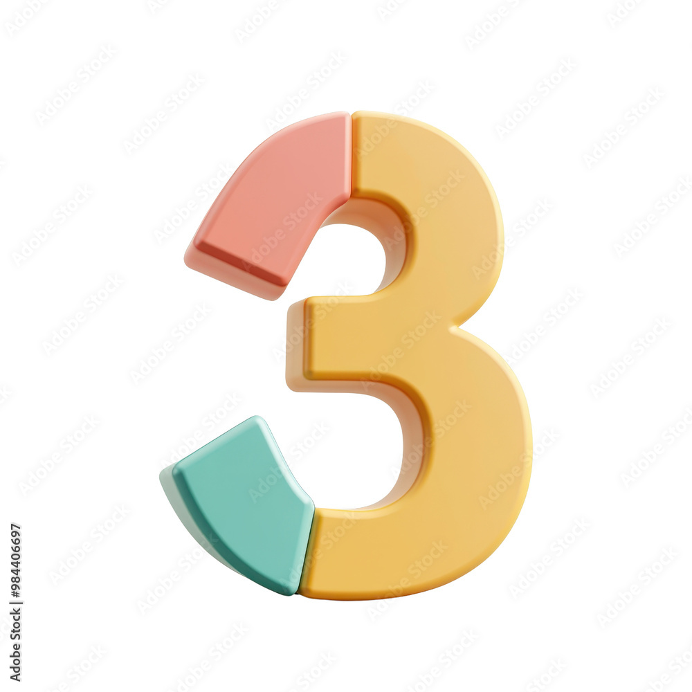 Colorful and playful 3D number three design, perfect for educational materials and children's content., isolated on a transparent background. Colorful and playful 3D number three design, perfect for educational materials and children's content., isolated on a transparent background.