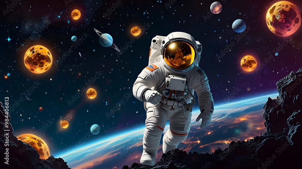 Obraz premium Space Explorer Walking Amongst Planets in a Distant Galaxy