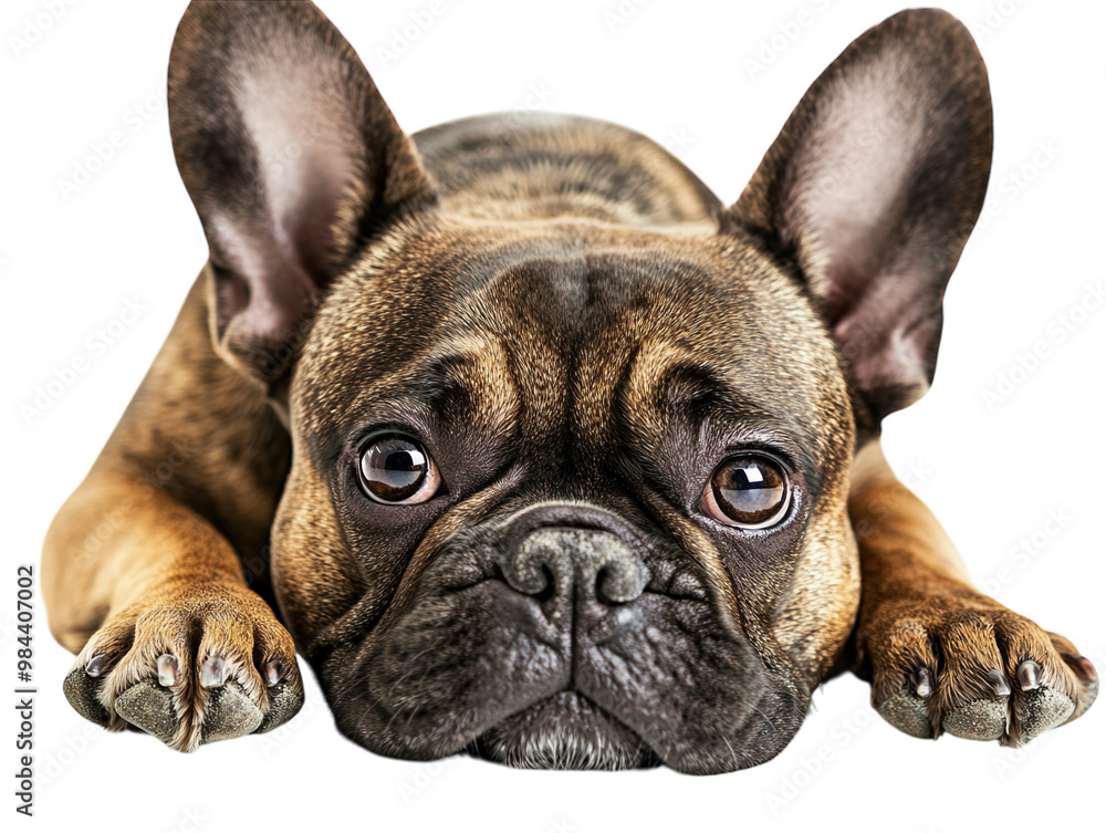 Obraz premium Dog lying down with big expressive eyes, looking into the camera, isolated on white background. PNG transparent.