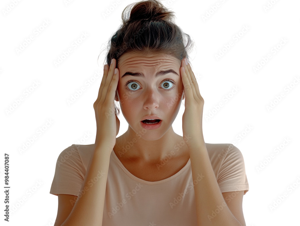 Young woman looking stressed, holding her head with wide eyes, isolated on white background. PNG transparent. Young woman looking stressed, holding her head with wide eyes, isolated on white background. PNG transparent.