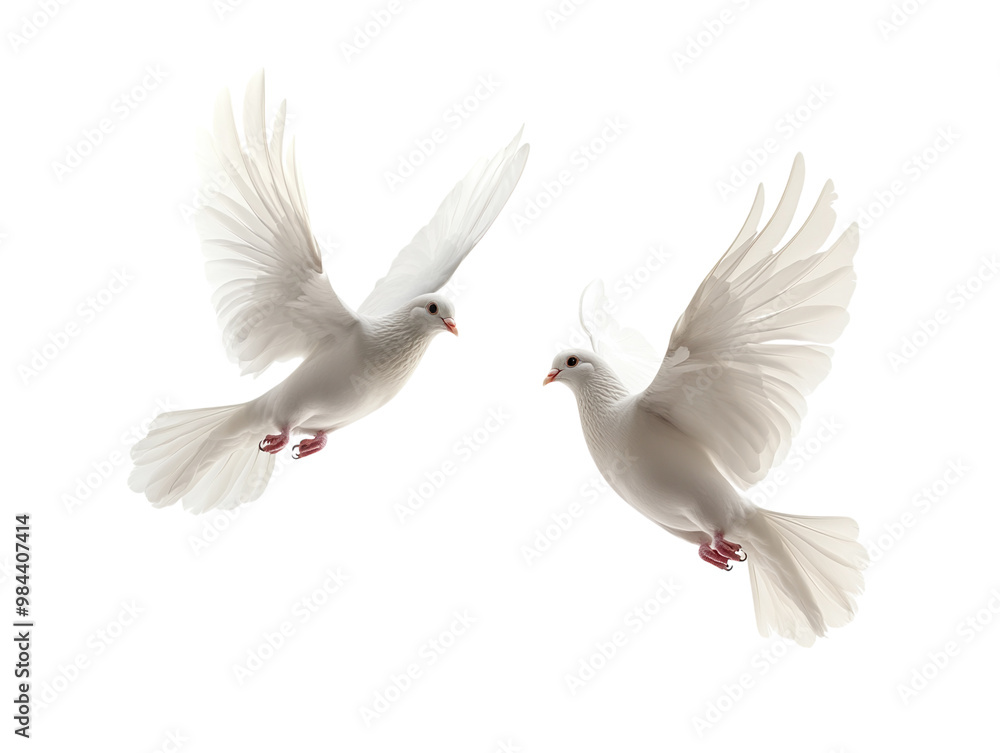 Two white doves holding flowers in flight, isolated against a clean white background. PNG transparent. Two white doves holding flowers in flight, isolated against a clean white background. PNG transparent.