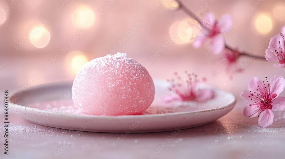 Soft pink mochi on pastel plate with warm bokeh lights in the background Soft pink mochi on pastel plate with warm bokeh lights in the background