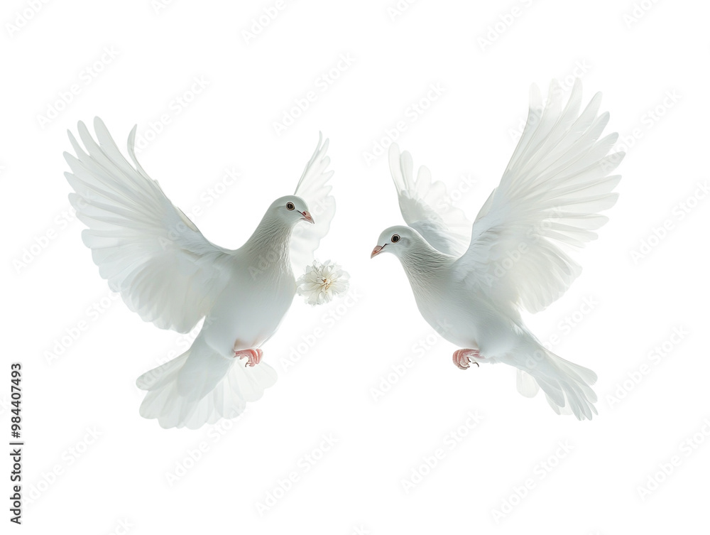 Two white doves holding flowers in flight, isolated against a clean white background. PNG transparent. Two white doves holding flowers in flight, isolated against a clean white background. PNG transparent.