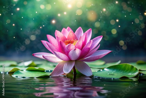 Wallpaper Mural In a tranquil setting, a vibrant pink lotus flower unfurls its petals, glistening with dew and suspended above a still, reflective body of water. Torontodigital.ca