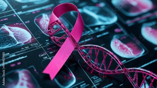 A close-up of a pink ribbon symbolizing breast cancer awareness against a background of breast scans and DNA strands.