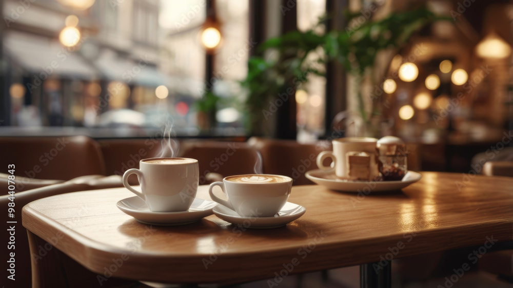 Two cups of hot coffee with steam on table in cozy cafe with blurred lights in warm atmosphere Two cups of hot coffee with steam on table in cozy cafe with blurred lights in warm atmosphere