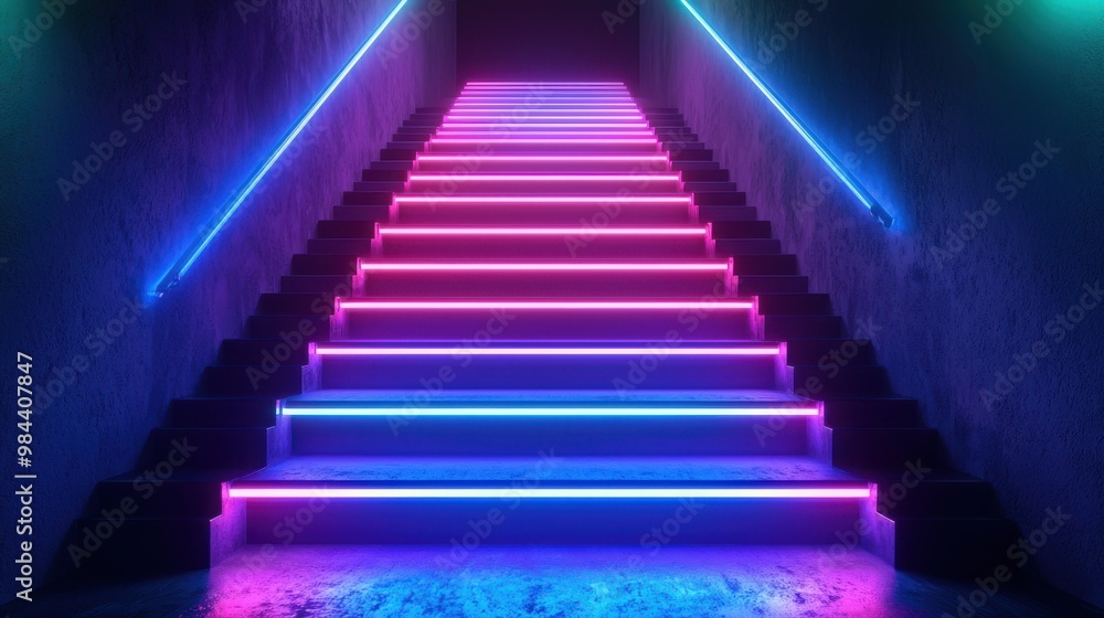 A staircase with neon lights that are in different colors A staircase with neon lights that are in different colors