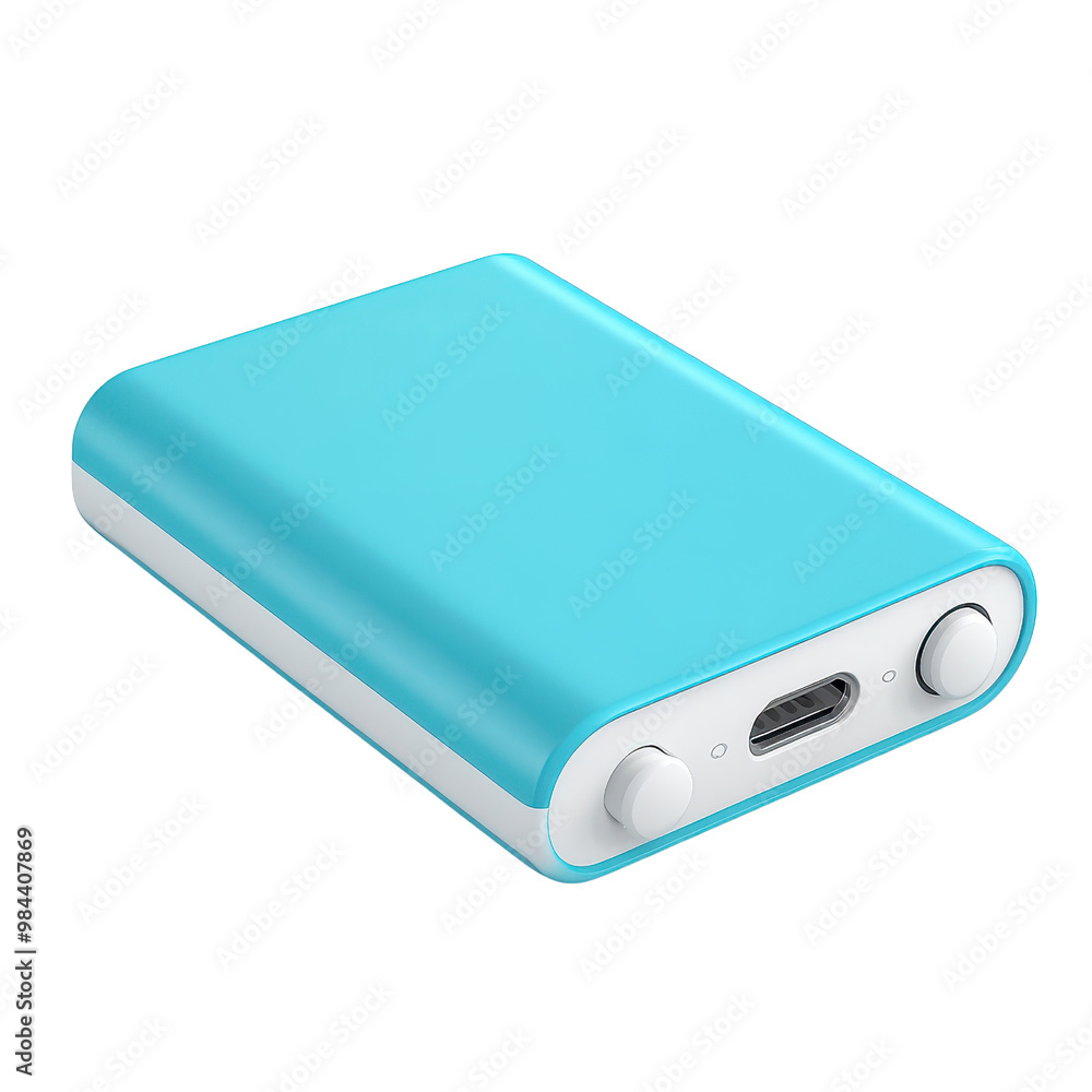 Stylish blue power bank with USB-C port for efficient charging of mobile devices on the go., isolated on a transparent background. Stylish blue power bank with USB-C port for efficient charging of mobile devices on the go., isolated on a transparent background.