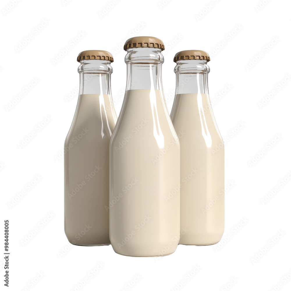 Three glass bottles filled with fresh milk, showcasing a rustic and clean aesthetic. Perfect for food-related themes., isolated on a transparent background. Three glass bottles filled with fresh milk, showcasing a rustic and clean aesthetic. Perfect for food-related themes., isolated on a transparent background.