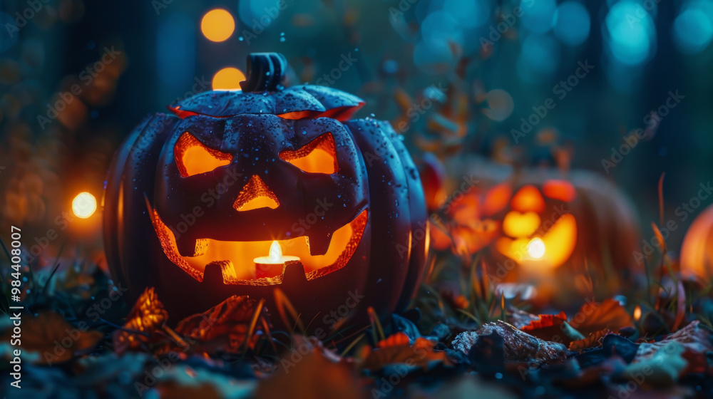 A carved pumpkin with a lit candle inside sits among fallen leaves in a dark, mysterious forest A carved pumpkin with a lit candle inside sits among fallen leaves in a dark, mysterious forest