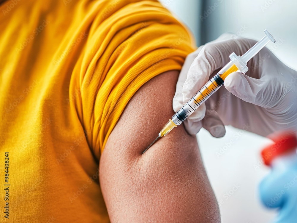 A healthcare professional administering a vaccine to a patient in a medical setting, showcasing safety and health awareness. A healthcare professional administering a vaccine to a patient in a medical setting, showcasing safety and health awareness.