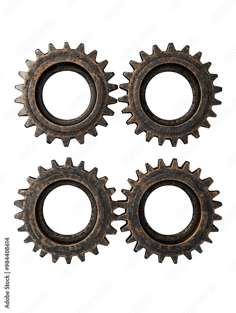 Three metal gears arranged on a white background. PNG transparent. Three metal gears arranged on a white background. PNG transparent.