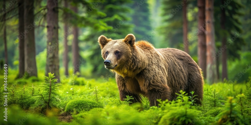 In the heart of the forest, a solitary female bear ambles through the lush green clearing, her eyes scanning the underbrush for ripe berries and tender shoots. In the heart of the forest, a solitary female bear ambles through the lush green clearing, her eyes scanning the underbrush for ripe berries and tender shoots.