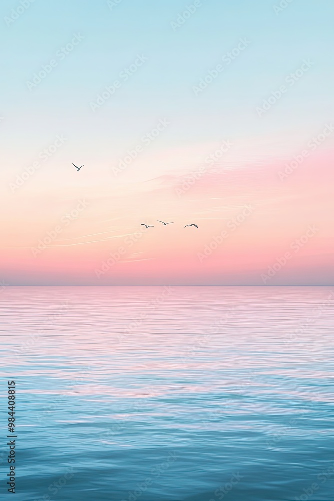 Tranquil ocean dawn with soaring birds over serene waters. Tranquil ocean dawn with soaring birds over serene waters.