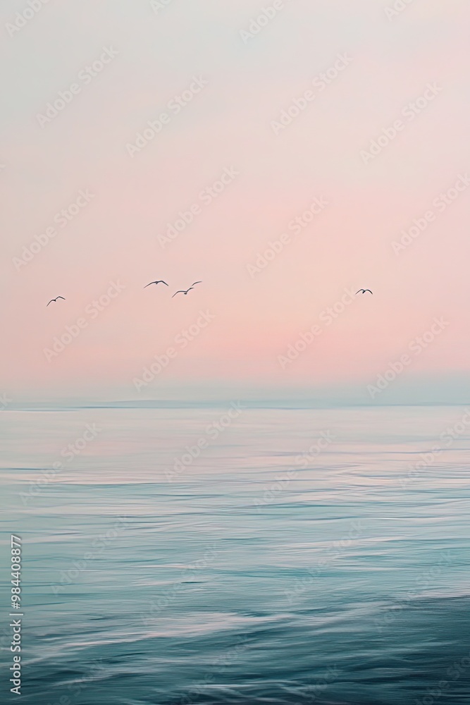 Obraz premium Serene ocean dawn with gentle waves and flying birds.