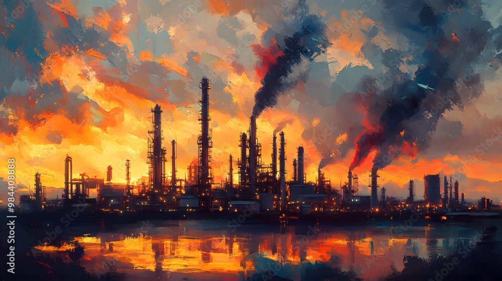 A painting of a city with a large industrial area and a large body of water. The sky is orange and the water is calm A painting of a city with a large industrial area and a large body of water. The sky is orange and the water is calm