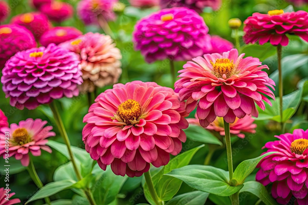 In the vibrant summer garden, pink zinnias thrive amidst leafy greenery, their bold blooms lighting up the surroundings with a pop of color and joy. In the vibrant summer garden, pink zinnias thrive amidst leafy greenery, their bold blooms lighting up the surroundings with a pop of color and joy.