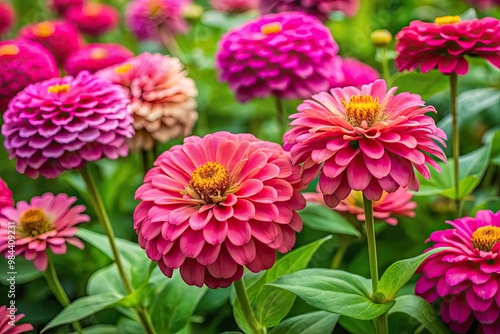 In the vibrant summer garden, pink zinnias thrive amidst leafy greenery, their bold blooms lighting up the surroundings with a pop of color and joy.