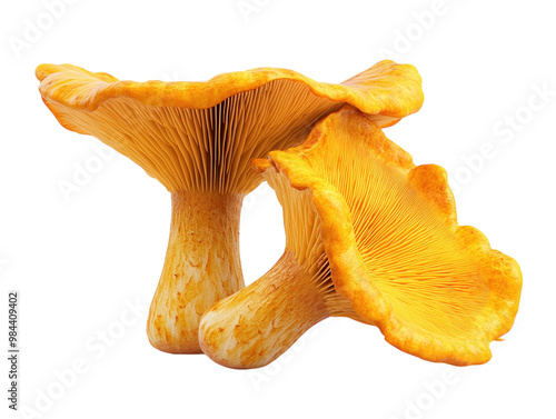 Golden chanterelle mushrooms with detailed gills on white background. PNG transparent.