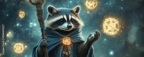 Raccoon dressed as a wizard with a staff and magical symbols floating around, wizard raccoon, mischievous magic animal