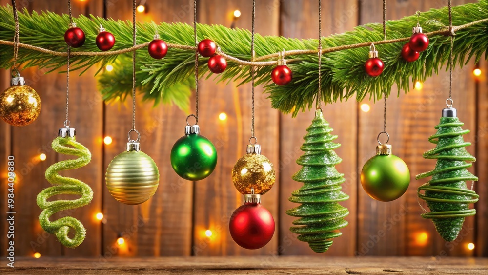 Fototapeta premium Iridescent ornaments are suspended from a whimsical worm-shaped wire tree, adding a touch of playfulness to the holiday decor.