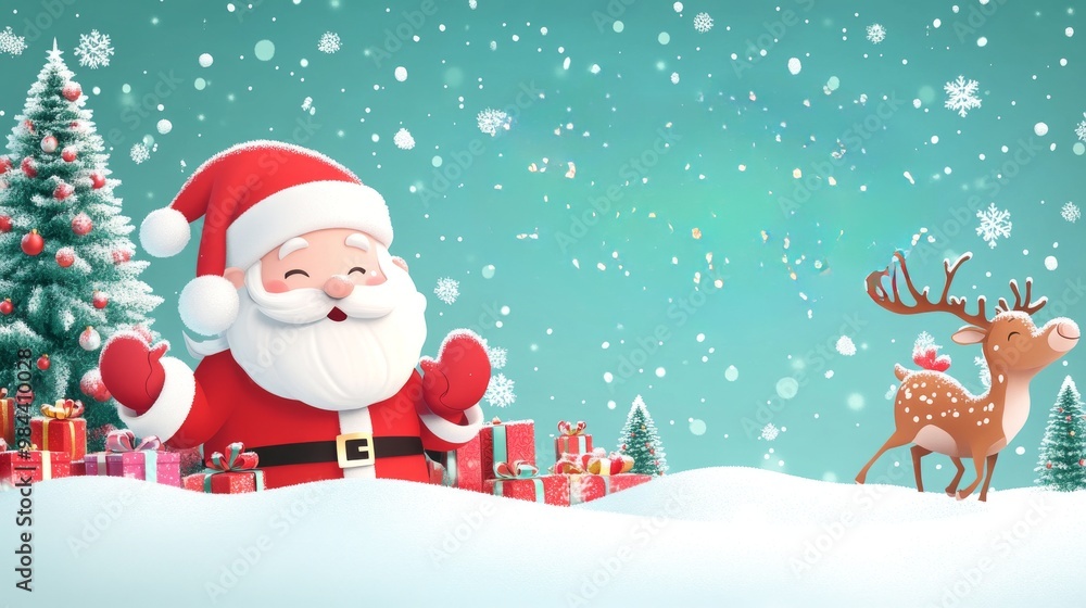 cartoon santa claus with reindeers and gifts on a blue background cartoon santa claus with reindeers and gifts on a blue background
