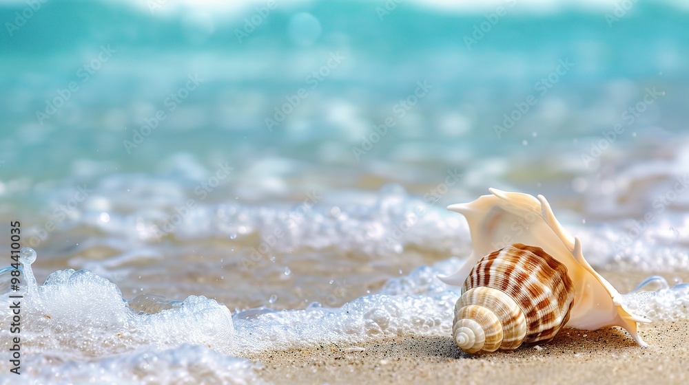 A beautiful shell image on a sandy beach. The shell has unique colors and patterns. It lies on the beach, surrounded by grains of sand A beautiful shell image on a sandy beach. The shell has unique colors and patterns. It lies on the beach, surrounded by grains of sand
