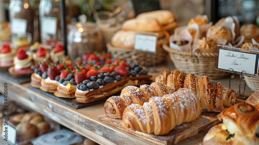 A bakery display with an assortment of freshly baked pastries, including croissants, tarts, and bread. A bakery display with an assortment of freshly baked pastries, including croissants, tarts, and bread.