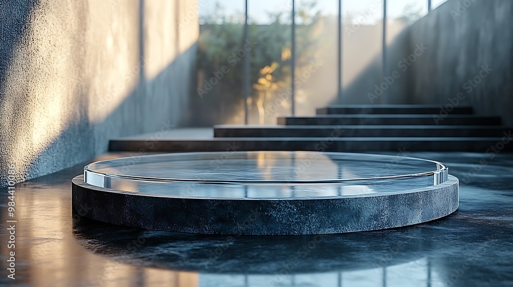 A minimalist concrete and glass podium with a scenic view in the background. A minimalist concrete and glass podium with a scenic view in the background.