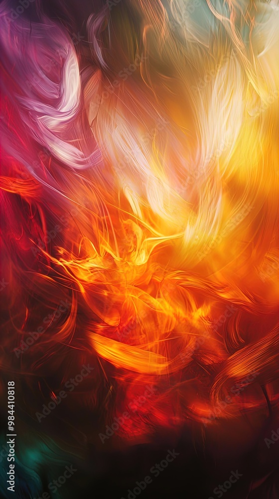 Fototapeta premium This image features a captivating abstract design characterized by swirling motions of vibrant colors. The colors include a mix of fiery oranges, reds, and yellows, transitioning to cooler purples and