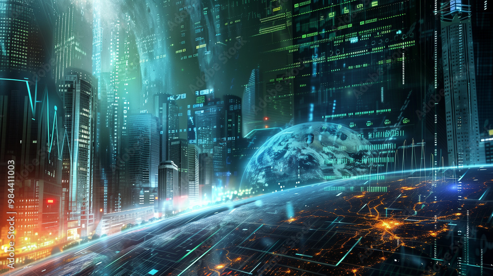 Obraz premium Futuristic cityscape with holographic data overlay. Digital transformation concept with glowing skyscrapers and global network visualization. Technological advancement theme