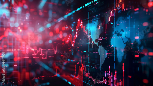 Digital world map with glowing connections. Data visualization of global network. Red and blue neon lights illuminating information flow. Futuristic representation of worldwide connectivity