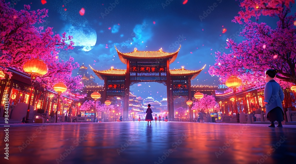 Fototapeta premium Lantern-Lit Street and Cherry Blossoms in Evening at Traditional Asian Festival